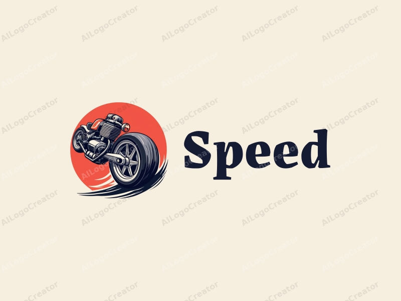 a modern design featuring dynamic lines representing speed, a stylized engine and tire, combined with a clean background to emphasize power and motion.