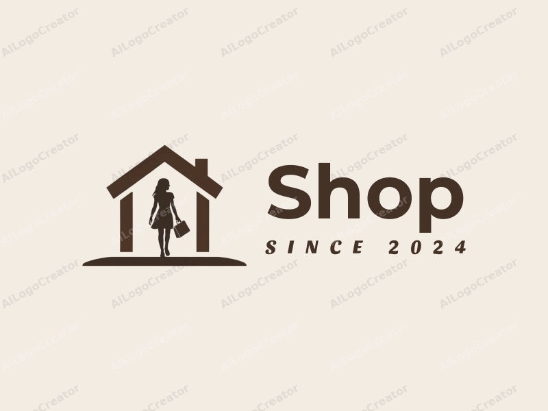 modern design features a stylized shop and house silhouette, incorporating a female figure, combined with a clean background.