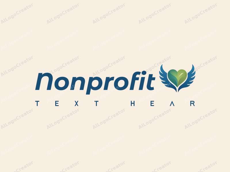 a modern design featuring a heart with wings, symbolizing charity and volunteerism, in blue and green colors, combined with a clean and simple background.