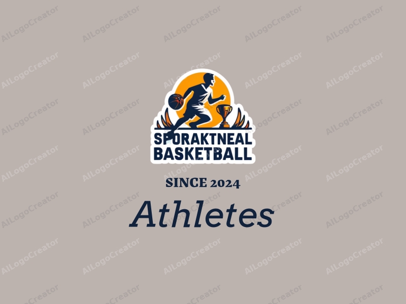 modern design features a dynamic athlete in motion, a stylized basketball, and a trophy, combined with a clean background and a harmonious composition.