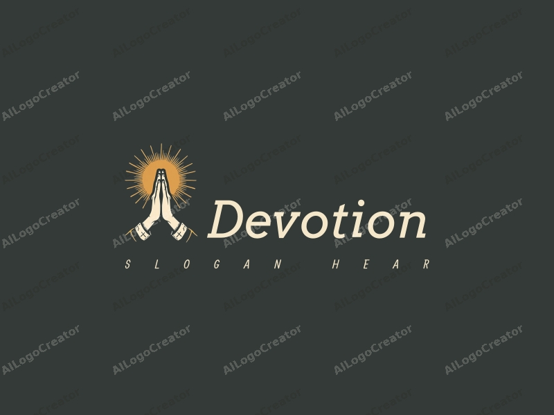 vintage design features a stylized halo above a pair of hands in a prayer position, combined with golden accents and a clean background.