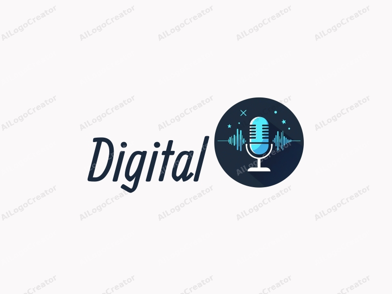 a modern minimalist design featuring digital elements, a stylized microphone, and sound waves, combined with a clean background in blue and black colors.