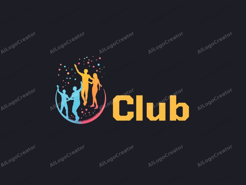 a modern minimalist design featuring abstract representations of a club environment, social interactions, and elements of music and dance, combined with a clean black background.