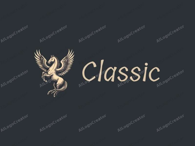 vintage design features a stylized horse and eagle intertwined, with classic and traditional elements, set against a clean, dark and neutral background.