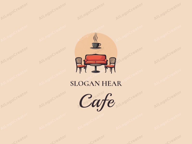 vintage design features a stylized coffee cup, retro sofa, and tables and chairs, combined with a clean background.