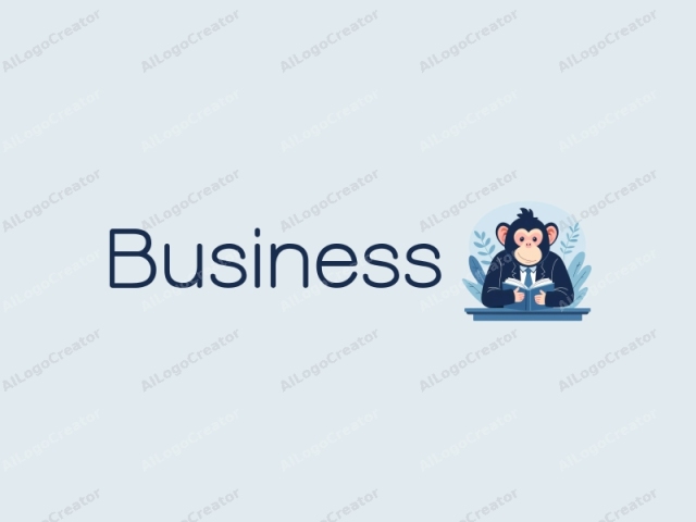 a modern design featuring a stylized monkey reading a book in an office setting, with clean lines and a blue color palette, emphasizing simplicity and creativity.