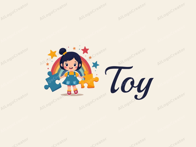 playful design features a whimsical doll and puzzle pieces intertwined with vibrant stars and a rainbow, combined with a clean background.