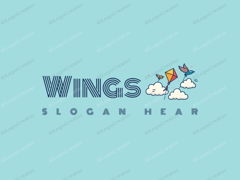 playful design features stylized wings and kites soaring through fluffy clouds, combined with a clean blue background.