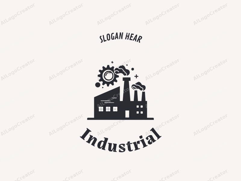 modern design features a stylized factory silhouette, interlocking gears, and spherical elements combined with a clean background.