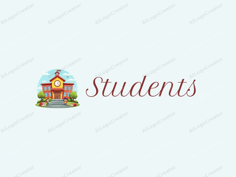 playful design features cheerful students, a stylized school building, books, and backpacks, combined with a vibrant and colorful background.