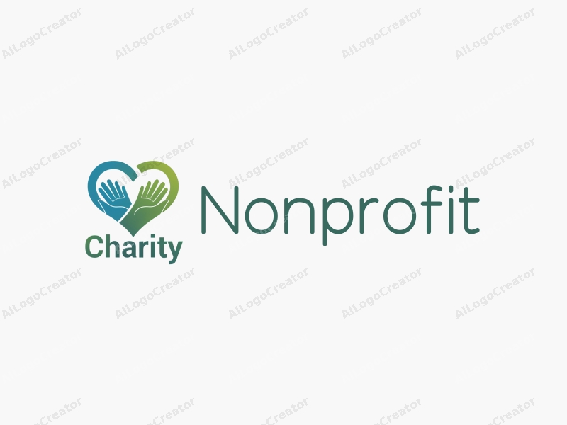 modern design features a heart shape integrated with a hand palm, symbolizing charity and volunteer work, using blue and green colors combined with a clean background.