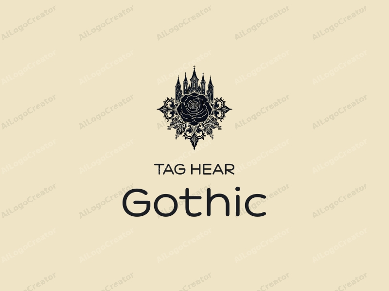 Gothic design features intricate spires, a black rose, and elements of Gothic architecture and fashion combined with a clean background.