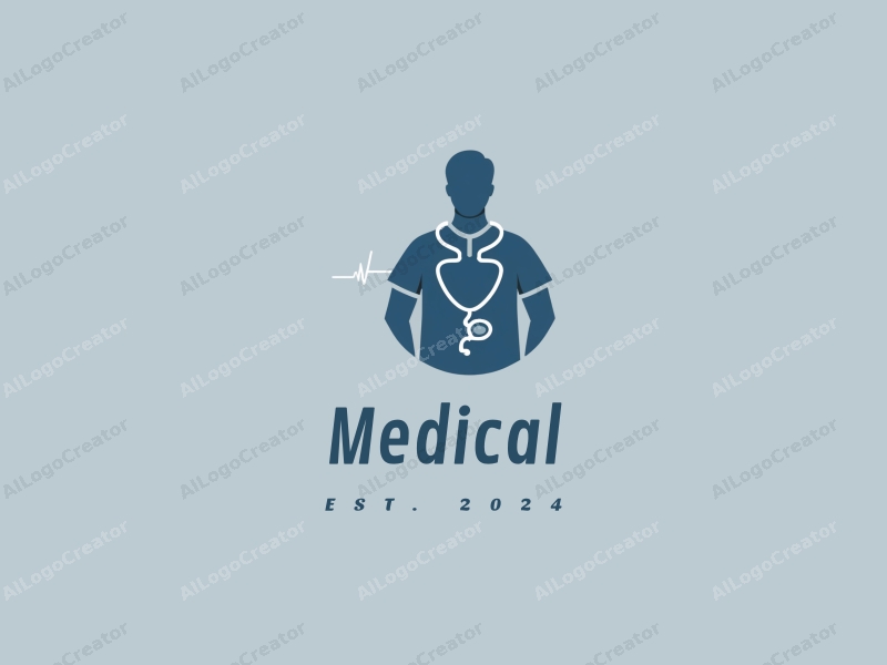 modern design features a stylized hospital silhouette, a doctor figure, a stethoscope intertwined with a heartbeat line, combined with a clean background.