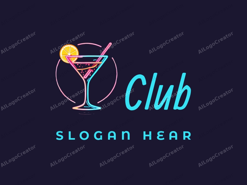 a modern and vibrant design featuring a stylized cocktail glass and neon lights, combined with elements of nightlife and party atmosphere, set against a clean background.