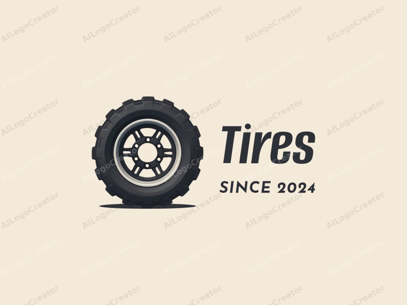 minimalist design features a stylized tire and steel rim outline, combined with a modern design approach and a clean background.