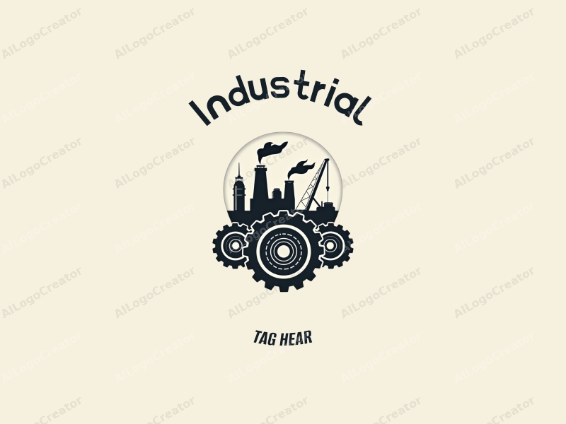 modern design features a stylized factory silhouette, interlocking gears, and welding elements combined with a clean background.