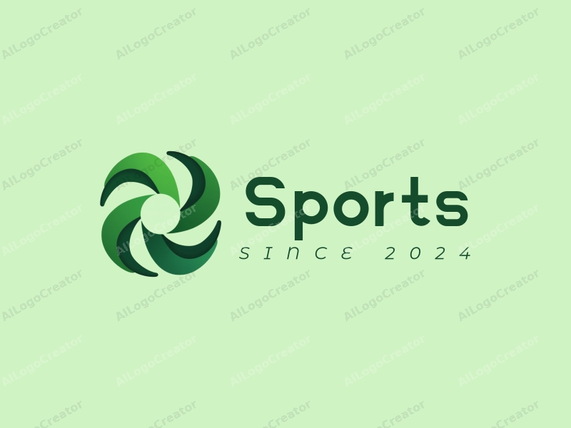 a modern minimalist design featuring dynamic shapes representing energy and rotation, incorporating elements of sports and fitness, with a clean green background.