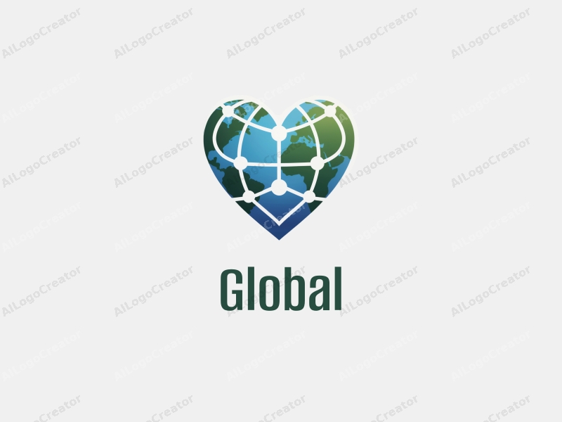 modern design features a stylized earth and network, intertwined with a heart shape symbolizing connection, using a clean background with blue and green tones.