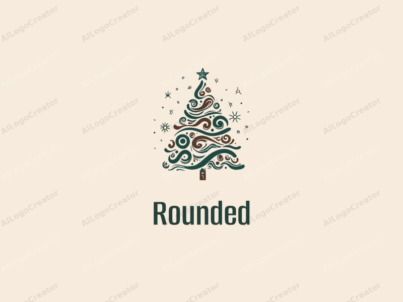 geometric design features circular shapes and curves, a stylized Christmas tree and snowflakes, combined with a clean background.