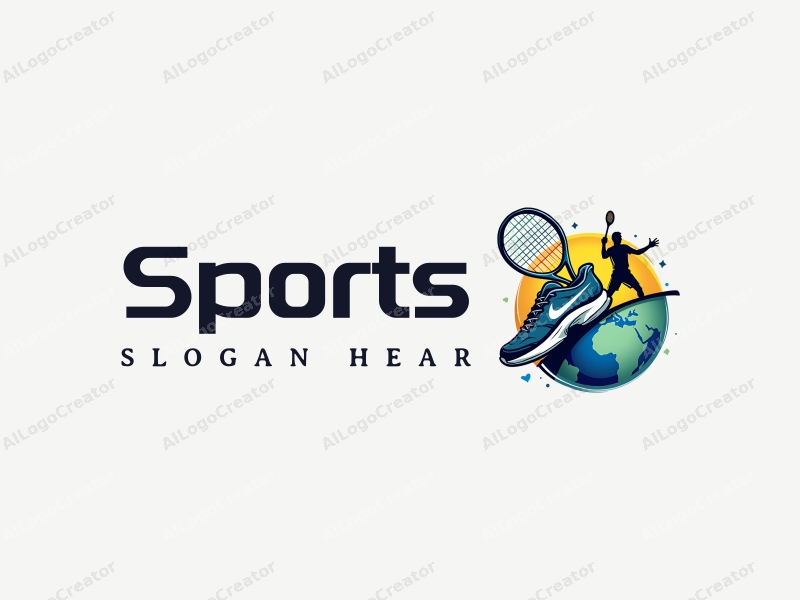 vibrant design features dynamic sports shoes, a stylized racket, an energetic athlete silhouette, and a globe, combined with a clean background.