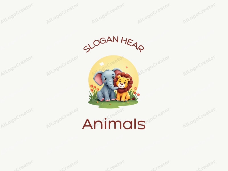 playful design features a baby elephant and a baby lion in a vibrant, colorful setting, incorporating elements of wildlife and education, with a clean and harmonious composition.