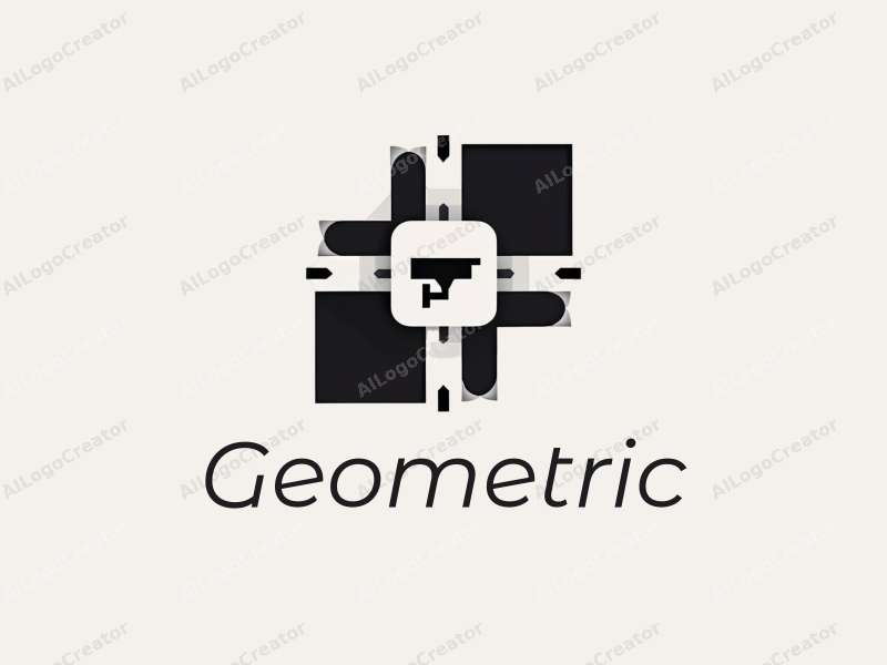 geometric design features a combination of squares, circles, and triangles, incorporating a stylized surveillance camera, all presented in a harmonious black and white color scheme with a clean background.