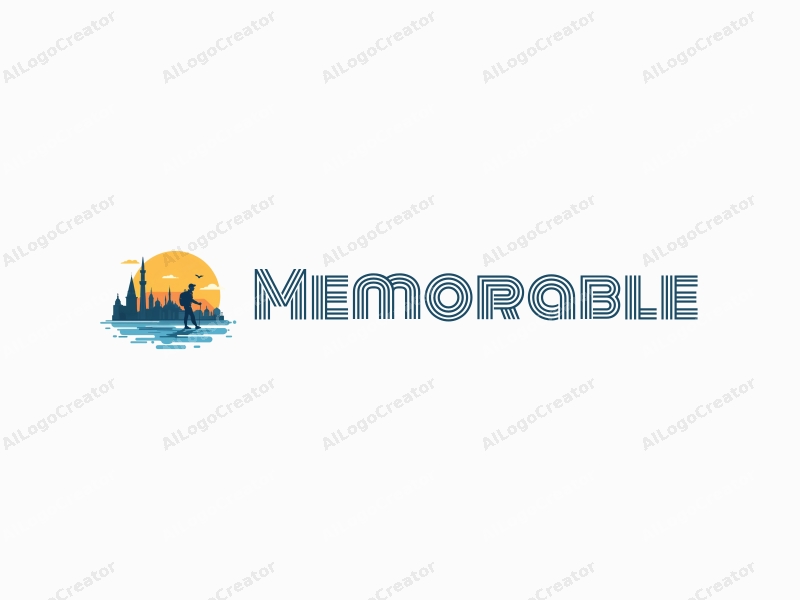 playful design features a stylized traveler silhouette, iconic landmarks in the background, and a vibrant color palette of blue and orange combined with a clean and simple layout.