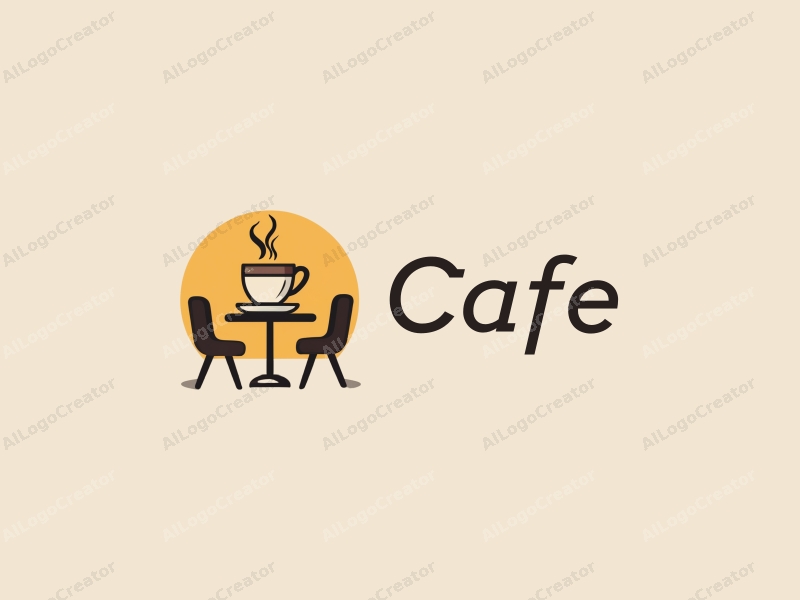 vintage design features a stylized coffee cup, retro table, and chairs, combined with a clean background.