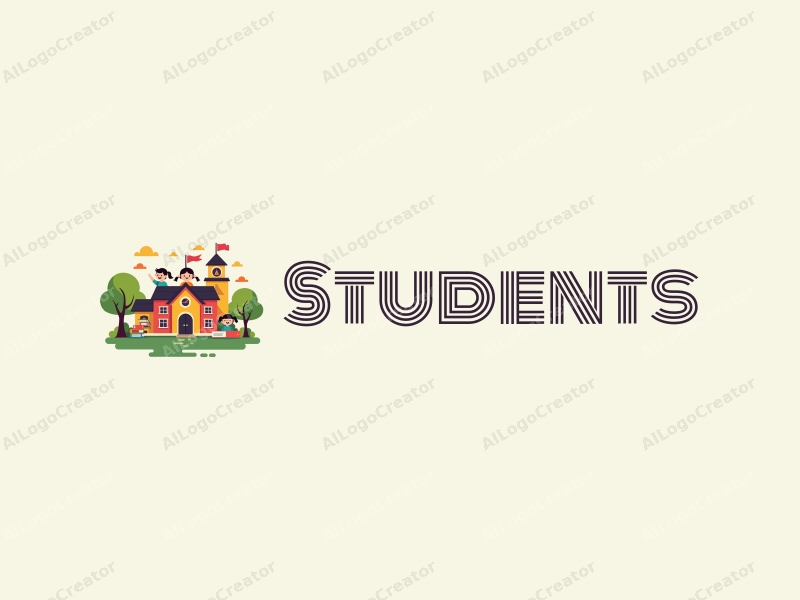 playful design features stylized students and a school building, surrounded by colorful books and trees, combined with a clean background.