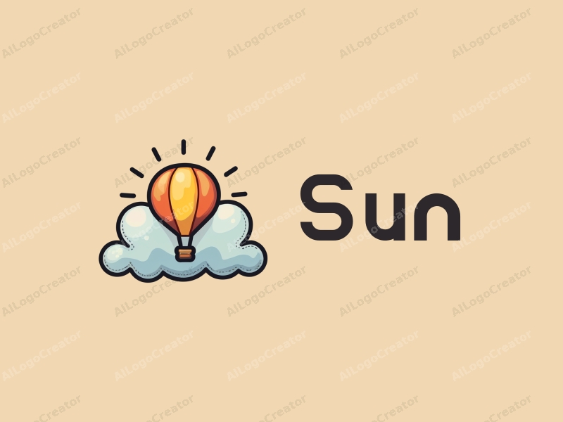 playful design features a bright sun radiating light, a whimsical hot air balloon floating among fluffy clouds, combined with a clean background.