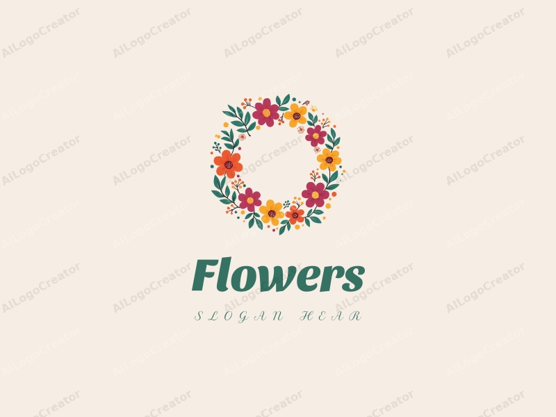 playful design features vibrant flowers and petals arranged in a circular wreath, complemented by playful leaves, all set against a clean background.