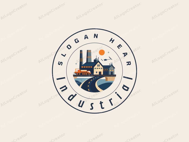 modern design features a stylized factory and machinery integrated with a road and bridge, utilizing a clean and simple composition with a focus on geometric shapes.