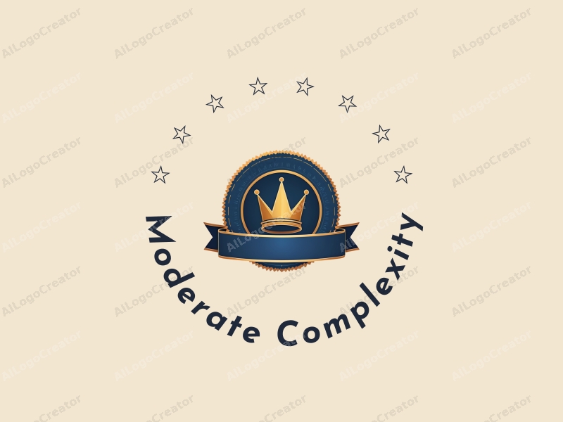 a modern design showcasing an elegant badge with a stylized crown and ribbon, incorporating blue and gold colors, combined with a complex design approach and a clean background.