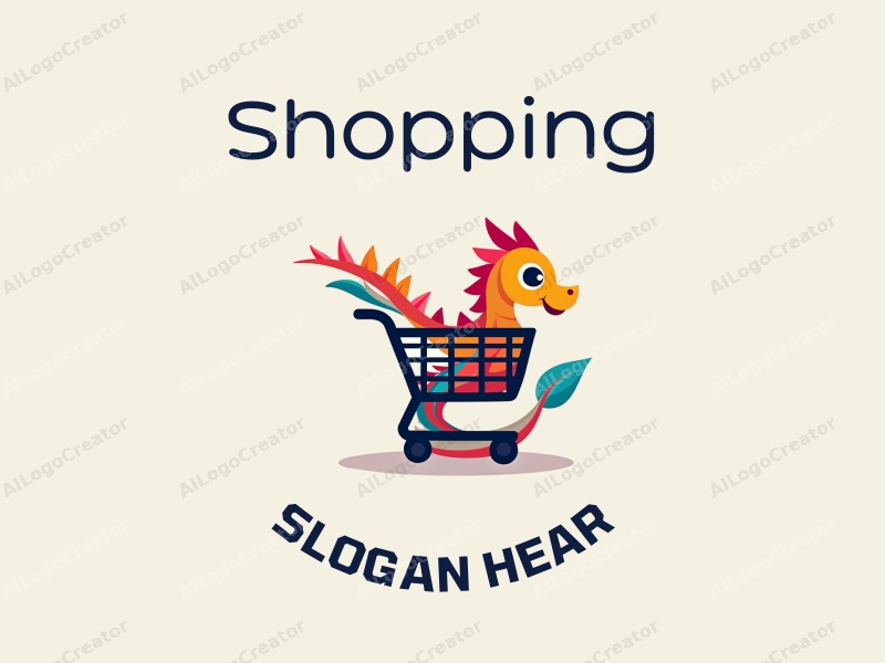 a modern design featuring a colorful shopping cart intertwined with a stylized dragon, set against a clean background representing a mall environment.