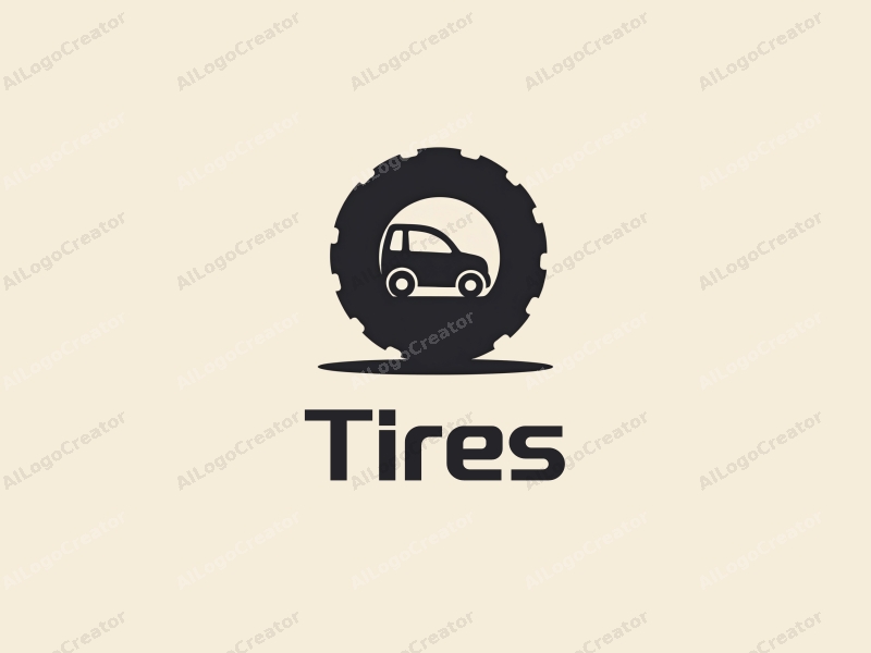 minimalist design features a stylized tire and vehicle silhouette, combined with a clean background and a modern design approach.