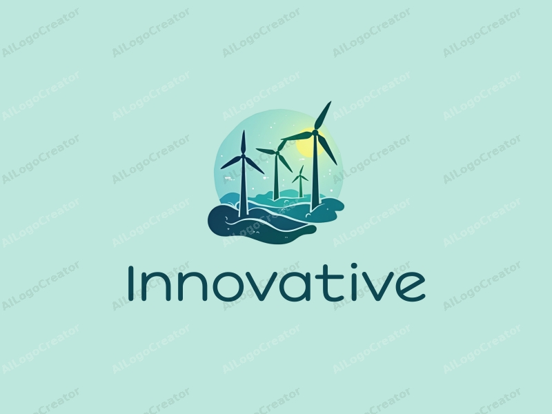 a modern minimalist design featuring abstract representations of electricity and wind energy, incorporating elements of innovation and future technology, with a clean background in blue and green tones.