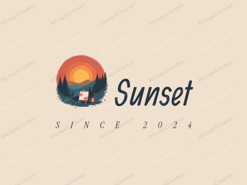 vintage design features a stylized sunset over a scenic landscape, combined with a paintbrush and canvas, set against a clean background.