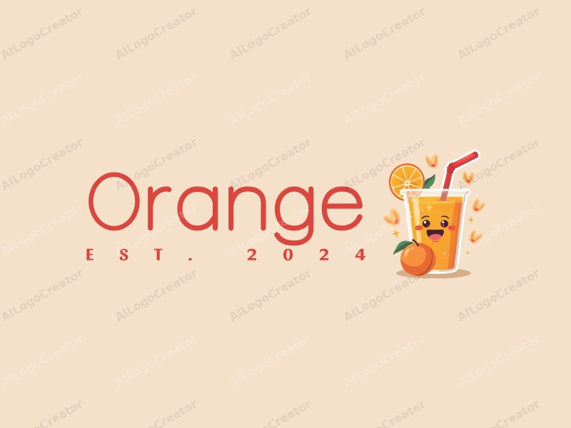 playful design features a stylized orange and juice splash, a cheerful cup with a straw, combined with a clean background.