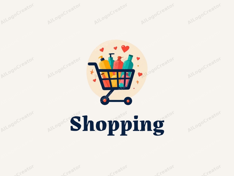 a modern design featuring a colorful shopping cart filled with various products, set against a stylized mall background, emphasizing simplicity and harmony in composition.