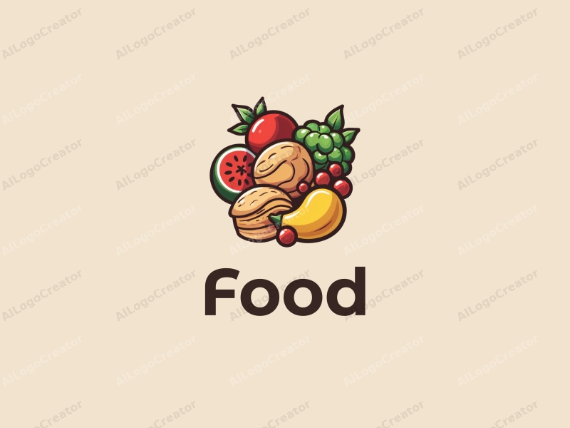 a modern design featuring a vibrant array of fruits and pastries, showcasing a harmonious blend of colors and shapes, with a clean background and a focus on simplicity and creativity.