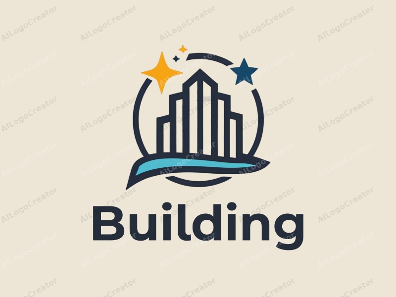 modern design features a stylized building and structure, integrated with star and circle elements, combined with a clean background.