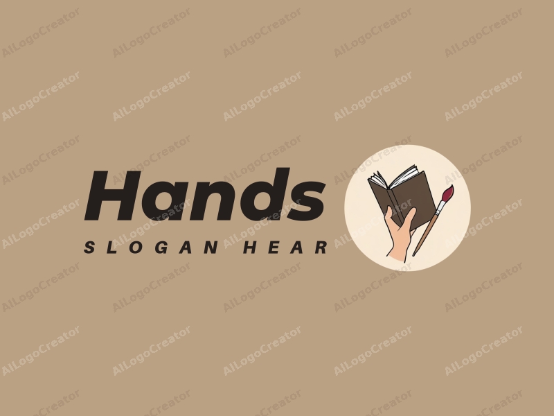 a modern design featuring a hand holding a book and a paintbrush, with a clean background and a focus on simplicity and harmony.