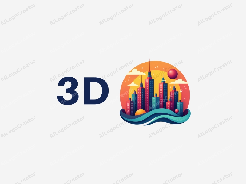 a modern design featuring colorful 3D dynamic elements, a stylized skyline with imaginative buildings, and a vibrant sky, combined with a clean background.