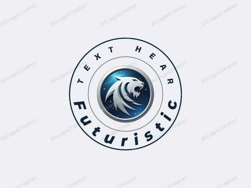 a modern design featuring a stylized planet and a sleek tiger silhouette, incorporating futuristic and innovative themes with a clean background in silver and blue colors.