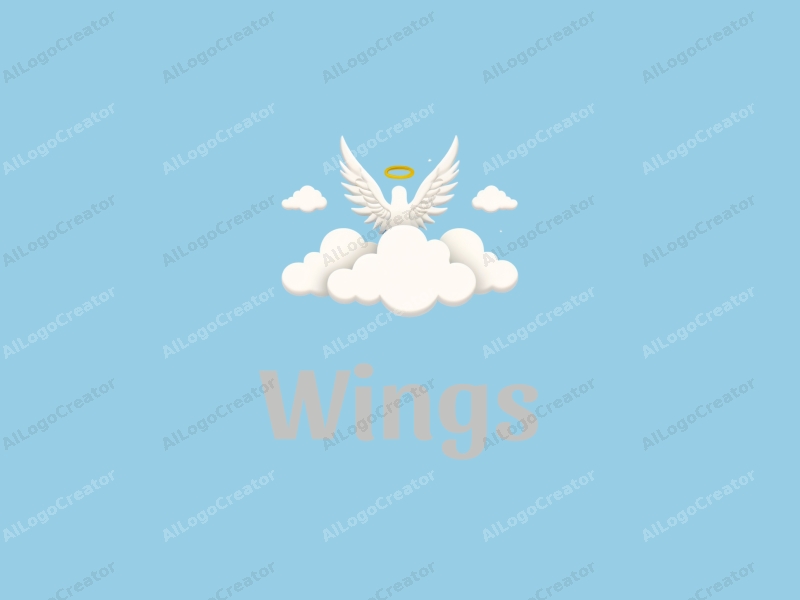 playful design features whimsical wings and an angel silhouette soaring among fluffy clouds, combined with a clean blue background.