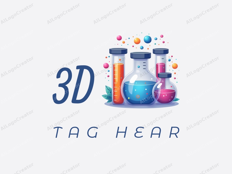 a modern design featuring 3D dynamic elements like test tubes and laboratory equipment, combined with a colorful palette and a clean background.