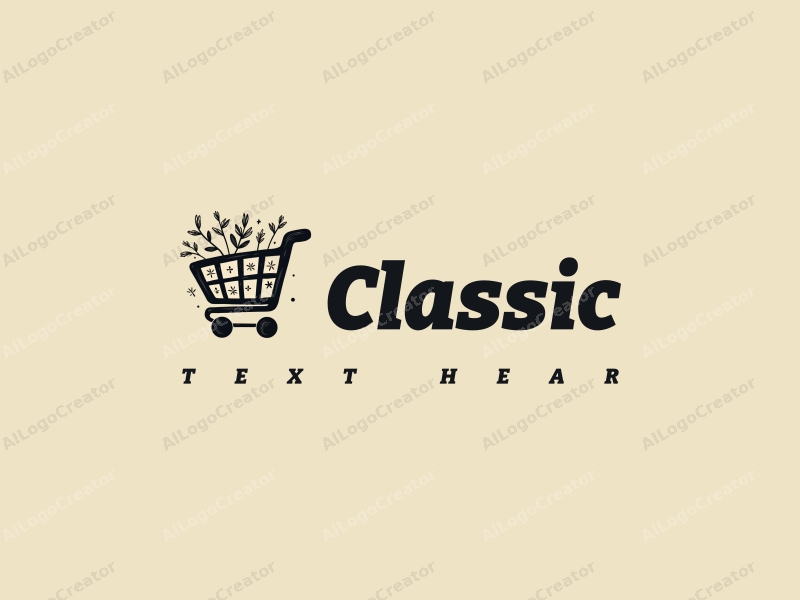 vintage design features a stylized shopping cart intertwined with elegant decorative items, utilizing dark and neutral colors, combined with a clean background.