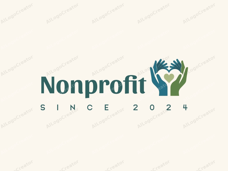 modern design features a heart shape formed by hands, symbolizing charity and volunteerism, combined with a clean background in blue and green tones.