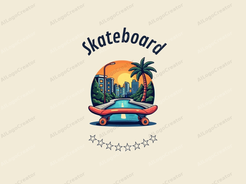 playful design features a vibrant skateboard, urban scenery with buildings and streets, combined with a clean background.