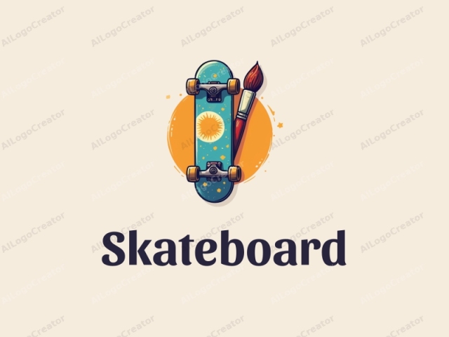 verspieltes Design mit einem lebhaften Skateboard und einem Pinsel, kombiniert mit einer dynamischen Komposition und einem sauberen Hintergrund.